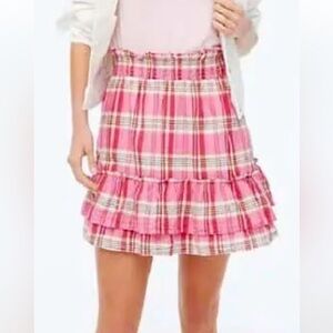 JCREW Pink Plaid Ruffle Mini Skirt Cotton Lined Comfy Pull-on Valentines NWOT